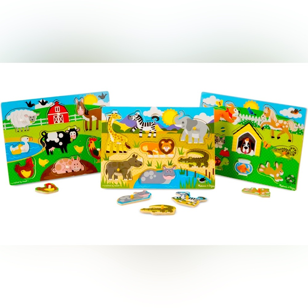 Melissa & Doug World of Animals Wooden Peg 3 Puzzles Set Pets, Farm, and Safari